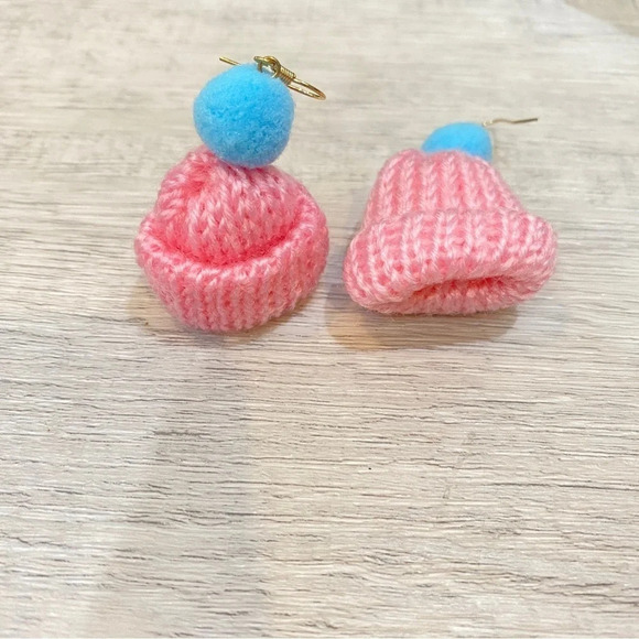 Handmade Knit Toque Earrings with Pom Pom - Pink and Blue - Picture 4 of 11